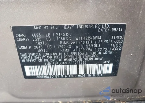 2015 Subaru Outback 2.5I Limited from USA, damaged, VIN 4S4BSANC8F3235793
